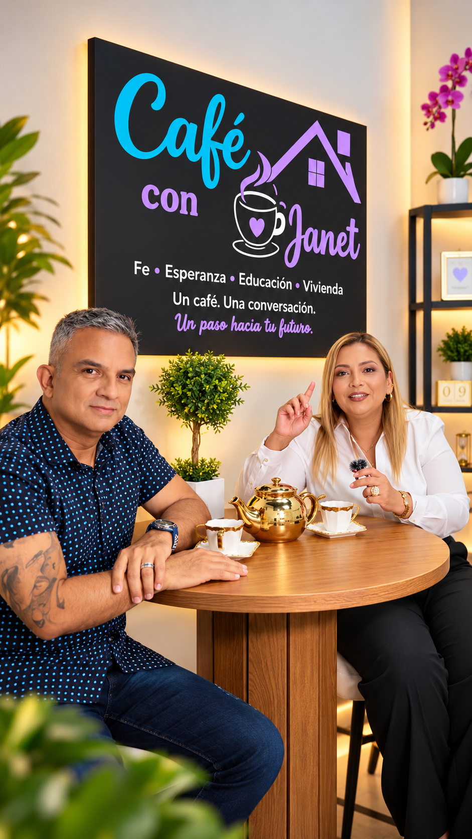 Janet Rosado y Jorge Ceballos conversando en Café con Janet sobre préstamos para dueños de negocios