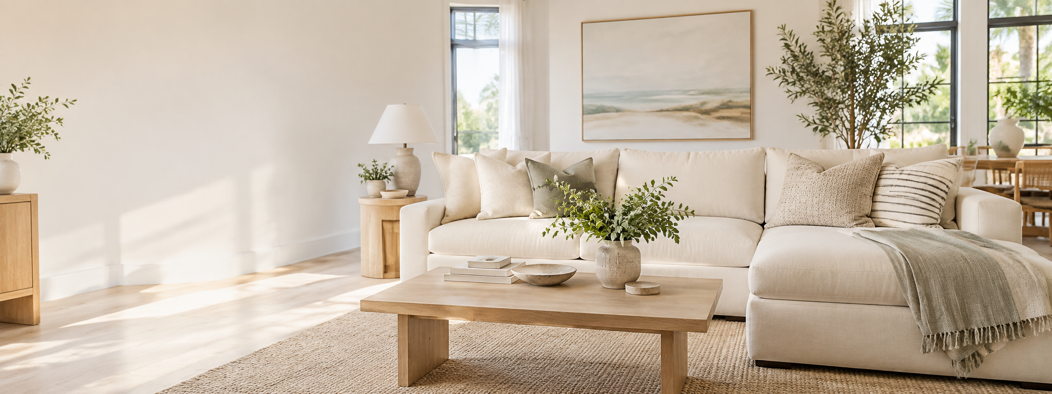 Sala elegante y luminosa con sofá crema y madera natural